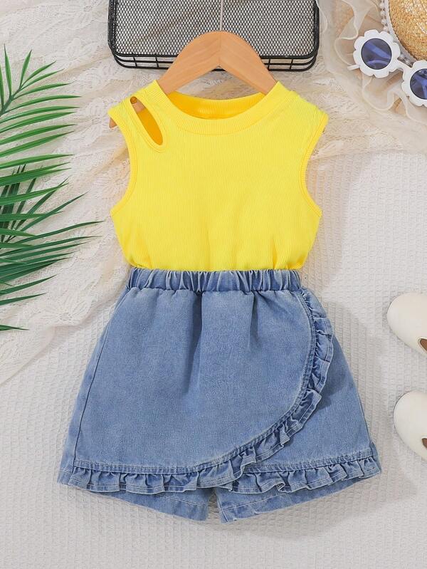 2 Stück Mädchen Ärmellose Bluse mit Hohldesign & Rock Set, modisches Outfit für Frühling/Sommer