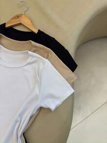 Kit 3 Women's Ribbed Blouses Baby Tee Basic Short Sleeve Babylook Colors  2025 - Beige/Black/White - View 2