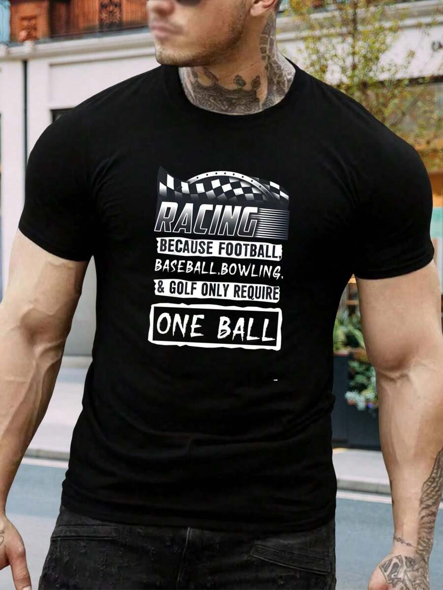 Camiseta gráfica deportiva divertida de carreras con una bola para hombre - Perfecta para fanáticos del fútbol, béisbol, bolos y golf - Camiseta unisex única de manga corta para verano - Negro - Ver 1
