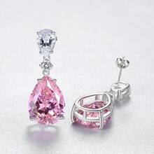 GGRUO 1 Paar 925er Silber Pink Tropfenform Ohrringe, süße, ausgefallene, klare kubische Zirkonia Ohrstecker, attraktiver Schmuck für Braut, Party, Hochzeit, Valentinstag, Dates, Geschenke