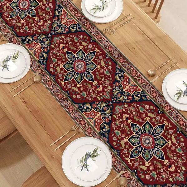 1pc Bohemian Style Colorful Geometric Pattern Tablecloth/Table Runner, Vintage Retro Dining Room Decor, Suitable For Living Room, Dining Room, Home, All Seasons, Holiday Party Decoration