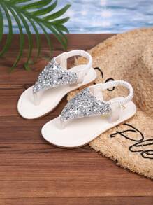 New Summer Fashion For Toddlers/Little Girls In 2025: Large Rhinestone Decorated, Flat-Bottomed, Anti-Slip Round-Toed Slippers, Suitable For Beach And Home Wear