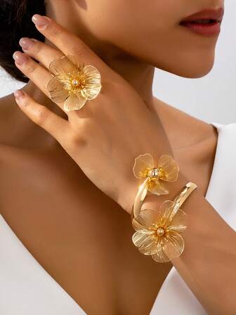 2pcs/Set Flower Bracelet & Ring Jewelry Set, Women Fashion Daily Match Gift, Party, Holiday, Date Accessories