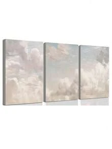 3 件无框复古粉色云彩天空风景斯堪的纳维亚北欧风格帆布画，创意帆布海报防水帆布墙艺术，艺术品壁画可作为礼物、卧室、办公室、客厅、咖啡厅、酒吧、墙壁装饰、家居和宿舍