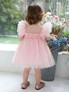 女婴粉色蝴蝶结盖袖公主裙，适合 1 岁生日派对、婚礼、典礼、节日庆典 - 淺粉色 - 查看 2