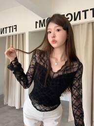 2025 Latest Spring Lace V-Neck Long Sleeve T-Shirt Base Layer Top For Women Black