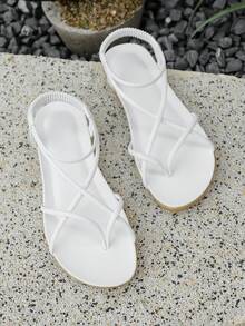 1 Pair Elegant Preppy Style PU Leather Criss-Cross Strap Flat Sandals, Suitable For Beach, Wedding, Holiday, Academy, Party, Office, Home, Outdoor, Summer