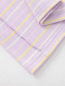 Balabala Baby T-Shirt Girls' Short Sleeve Children's Top 2025 Summer New Striped Tee Sweet Flutter Sleeve - Purple - View 6