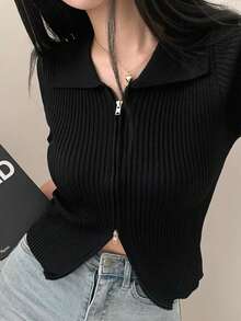 女式翻领双拉链罗纹修身针织衬衫上衣，夏季 - 黑色 - 查看 3