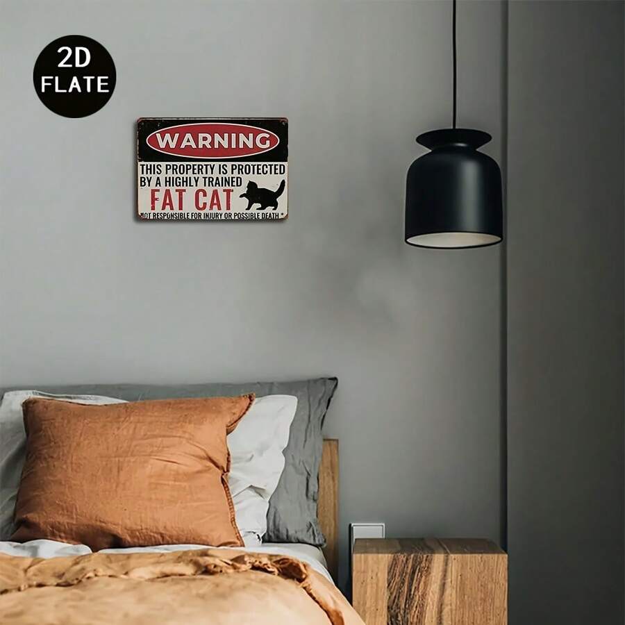 [2D Flat] 1pc Vintage Metal Tin Sign - 20x30 Cm Iron Wall Art, Humorous "Protected By A Highly Trained Fat Cat" Warning, Black With White Text, Perfect For Home, Bar, Cafe Decor & Gift, Halloween & Christmas Aesthetic Room Decor, Metal Wall Art Decor - Multicolor - View 1