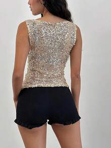 Women's Beads Sequins Tank Top Sparkle Sleeveless Boat Neck Solid Party Clubwear Vest - 金色 - 查看 3