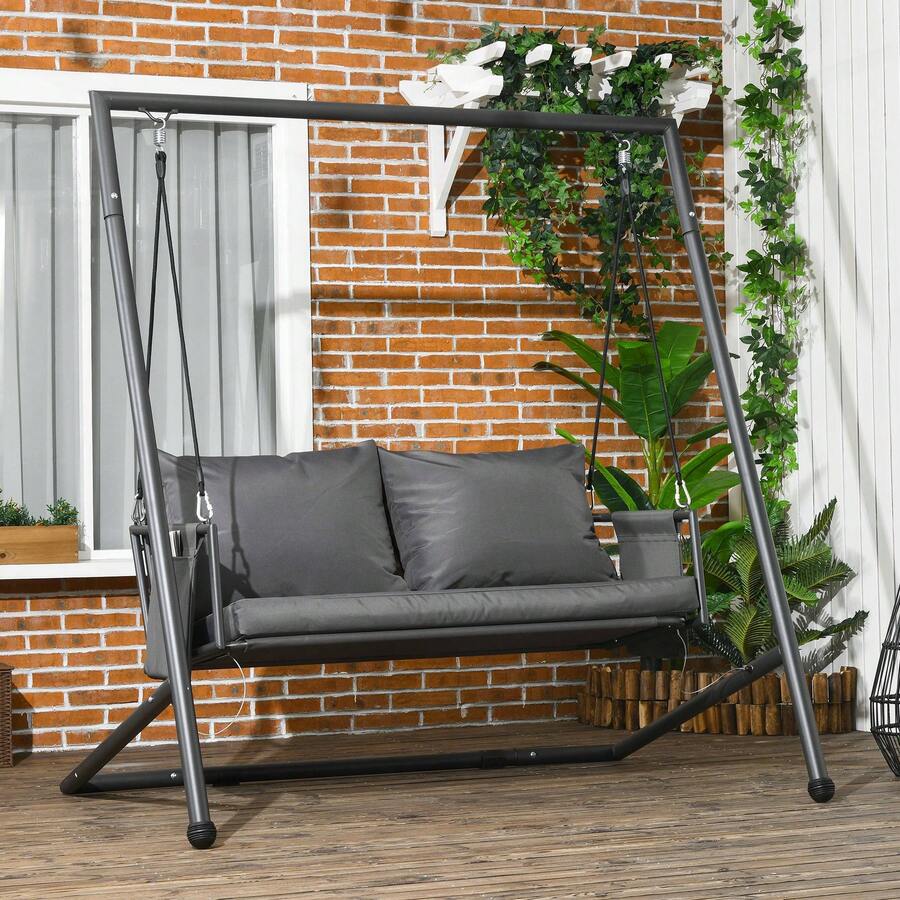 Outsunny Dondolo da Giardino 2 Posti con Cuscini e Tasche Portaoggetti, Dondolo da Esterno in Acciaio e Textilene, 168x117x181 cm, Grigio Scuro