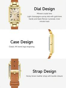 Anne Klein 棕色皮革表带女士腕表，浅香槟色阳光表盘女士休闲金色表壳石英表，AK/3752CHHY