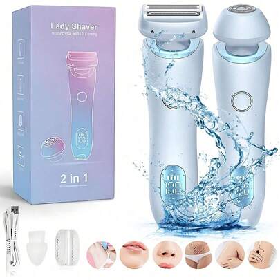 二合一女士电动剃须刀，适用于腿部、手臂、面部和比基尼区域，无线比基尼修剪器，可拆卸刀头，干湿两用，无痛剃须，便携式电池供电电动剃须刀，脱毛器和眉毛修剪器 - 迷你面部脱毛器，适用于面部和身体，便携式电动修剪器，电动脱毛器，眉形修饰工具，迷你面部脱毛器，女士面部剃刀