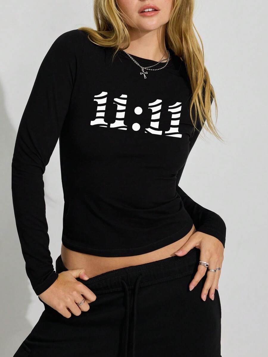 Estampado de rayas de cebra estilizado 11 11 Ropa de mujer de manga larga de moda - Negro - Ver 1