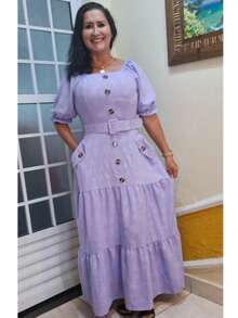 Long Dress With Belt Duna Fabric 3D Floral Plus Size Simple Elegant Conservative/Modest Buttons Front Button Sweetheart Formal & Evening - Lilac Purple - View 2
