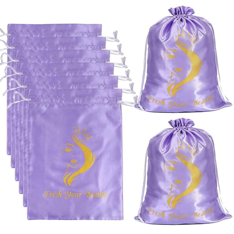 6PK Satin Wig Bags With Drawstring - Silk Hair Storage Bags Multiple Wigs, Bundles, Extensions (Pink) - Purple - View 1