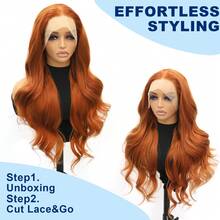 200% Density 26 Inch Curly Lace Front Ginger Wigs 13x4 HD Transparent Lace Front Wig Heat Resistant Synthetic Loose Wave Wig Ginger Orange Wavy Glueless Lace Wig Body Wave 13*4 Frontal Wigs Loose Weave Long Curly Lace Wigs 13X4 Ginger Color Wigs - 薑色 - 查看 2