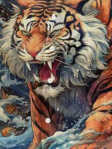 Camisa de manga corta con bolsillo con estampado vintage de tigre ukiyo-e para hombre de talla grande