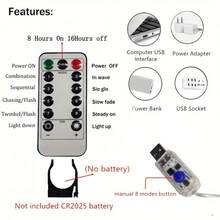 1 件窗帘仙女灯,USB 供电 LED 仙女灯串,具有 8 种照明模式,适用于派对、客厅、卧室、室内装饰、婚礼、生日、单身派对(暖白/白色/多色) - USB窗簾燈 - 查看 8