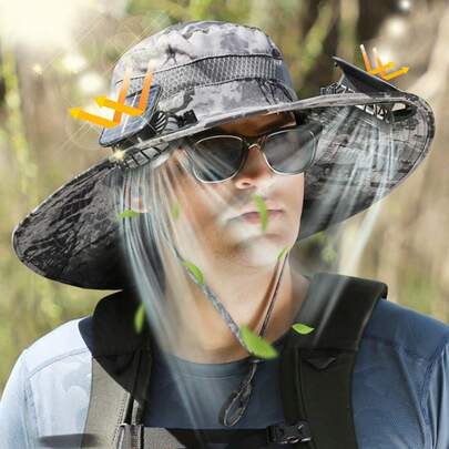 Chapeau de soleil avec ventilateur solaire, chapeau de pêcheur à large bord avec ventilateur de refroidissement, casquette pare-soleil unisexe pour la pêche et la randonnée en extérieur