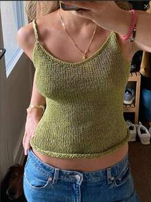 Top estivo da donna Just Masa, stile Y2K, sexy, slim, giovane, scollo a V, con bretelle in lana - Verde - Visualizzare 1