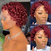 Burgundy 13x1 Pixie Cut Wig Short Curly Lace Wig Human Hair Wine Red Color Lace Front Wigs Human Hair 13X1 Transparent Lace Wig For Women - Burgundy - View 5