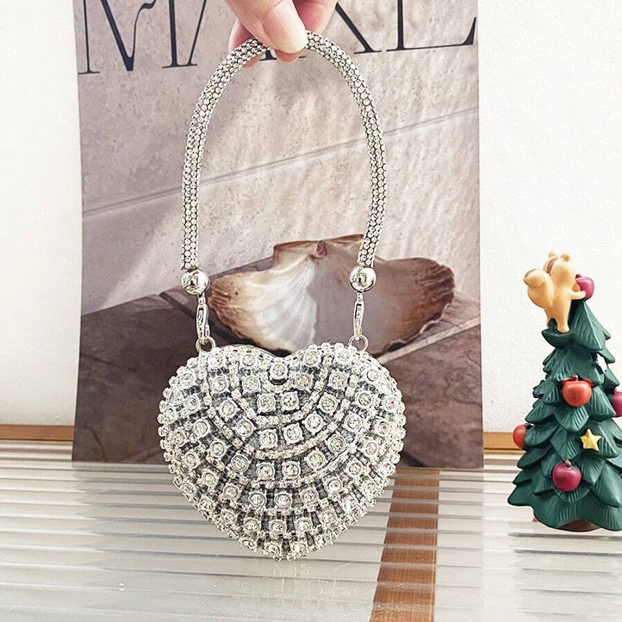 Luxury Mini Rhinestone Inlay Heart Shape Crystal Clutch Purse Stones Evening Wedding Party Shoulder Bags Handle Rhinestone Handbags ,Wedding , Wedding - Silver - View 1