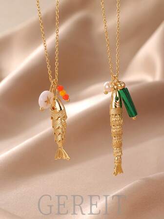 GEREIT 1pc Natural Stone Gold Fish Pendant Necklace For Women, Suitable For Daily Wear And Beach Vacation