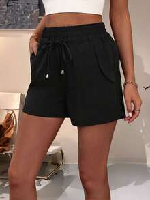 Shorts casual da donna, di colore unito, con coulisse in vita e tasche - nero - Visualizzare 6