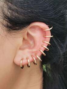 10 件朋克时尚简约不锈钢小圈伸缩耳环弹簧夹圆形无孔假耳钉耳圈无穿孔饰品男女款 10 毫米