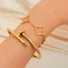 1 Set 3pcs Stainless Steel Minimalistic Floral Hollow Design Bangle Bracelets, Fashion Elegant Creative Personalized Gift For Women Daily Wear