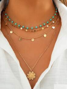 女士3入組創意時尚復古綠松石色閃耀流蘇多層串珠項鏈套裝 - 金黃色 - 查看 1