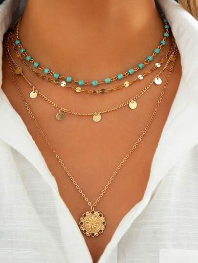女士3入組創意時尚復古綠松石色閃耀流蘇多層串珠項鏈套裝
