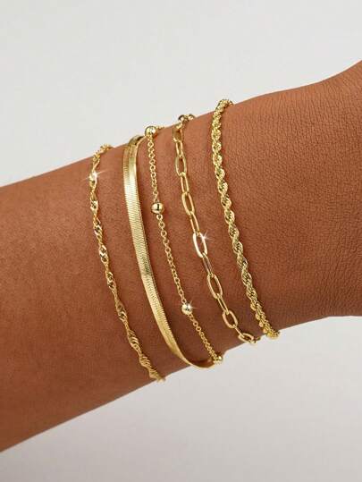 5pcs Elegant Stacking Bangles & Bracelets Set, Suitable For Women's Daily Wear Jewelry (Quantity Of Bead Chain And Beads Are Random, Standard Length)