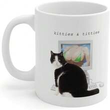 Kitties And  Coffee Mug - Funny Anime Meme Mug 11oz, Cat Looking At Anime Boobs On A Computer Novelty Humor Gag Gift For Adults 1Pc 11oz Vintage Funny Gift Ceramic Mug Water Cup Coffee Cup Father's Day Mother's Day, Christmas Easter Gift For Children Teenagers Boys Girls Parents Elderly Stepfather Stepmother Stepson Stepdaughter Grandfather Grandmother - default - View 1