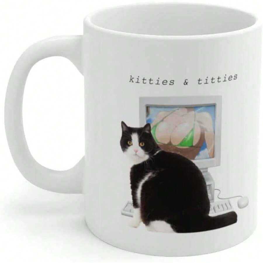 Kitties And  Coffee Mug - Funny Anime Meme Mug 11oz, Cat Looking At Anime Boobs On A Computer Novelty Humor Gag Gift For Adults 1Pc 11oz Vintage Funny Gift Ceramic Mug Water Cup Coffee Cup Father's Day Mother's Day, Christmas Easter Gift For Children Teenagers Boys Girls Parents Elderly Stepfather Stepmother Stepson Stepdaughter Grandfather Grandmother - default - View 1