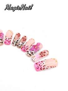 10 Pieces Of Pure Hand-Pressed Wearable Nail, Press On Nails,Nail Supplies,Nails Ptess On,Beach Essentials,33mm-Length Nail Pieces, Pink And White Contrasting Colors, Hand-Kneaded Raised Flowers With Pink Strokes