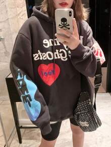 Retro Foam Printing Hoodies Women Autumn Casual Oversized Long Sleeve Pullovers Tops Korean Harajuku Unisex Loose Sweatshirt Emo  Letter  Heart    Casual    Drawstring  Pocket - 深灰色 - 查看 2