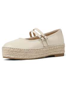 Womens Platform Mary Jane Flats Buckle Strap Round Toe Straw Woven Espadrilles Flats Shoes Women Cute Casual  Dress Ballet Shoes - 杏色 - 查看 5
