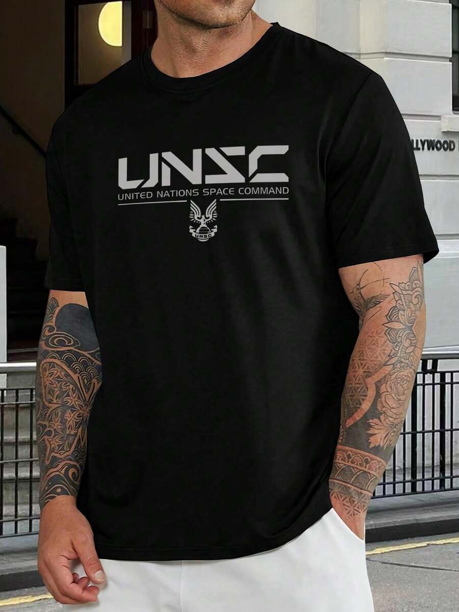 Camiseta Halo del UNSC - Camiseta del Comando Espacial de las Naciones Unidas para hombres y mujeres - Regalo para jugadores, ropa para fans, camiseta gráfica negra, camiseta de manga corta de ciencia ficción, ropa casual - Negro - Ver 1