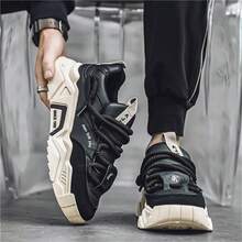 New Thick Sole Elevated Chunky Sneakers For Men, Fashionable Casual Outdoor Non-Slip Durable Lace-Up Shoes, Lightweight Comfortable Versatile Sporty Sneakers - Black - View 3