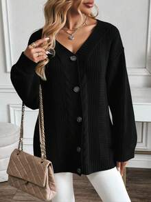 Plus Size Solid Color Cardigan, Long Sleeve, Fashion For Summer - Black - View 1
