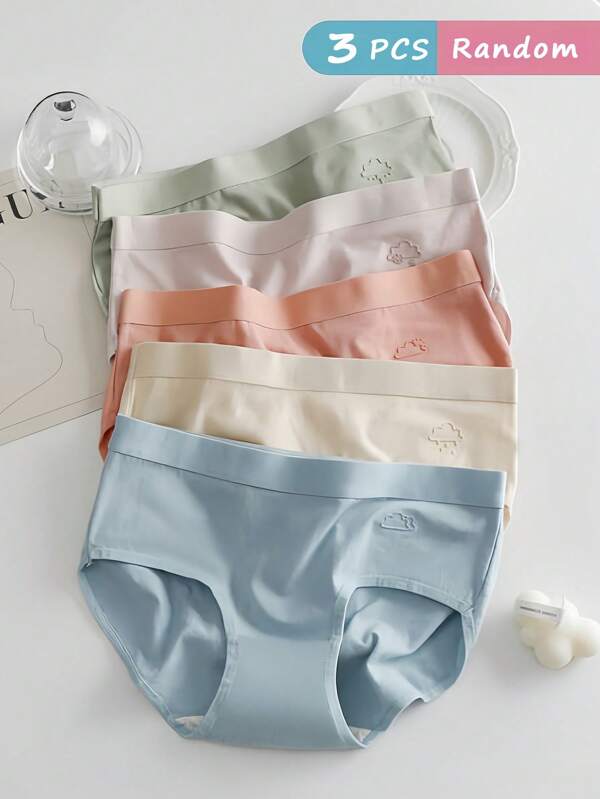 3 قطع/عبوة ألوان عشوائية ملابس داخلية قطنية سادة للنساء ، سروال قصير متوسط الخصر قابل للتنفس ذو تصميم مثلث بسيط