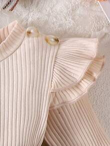 1pc Infant/Toddler Girls' Cute Long Sleeve Patchwork Ribbed Romper, Lightweight For Spring/Autumn - Khaki - View 4