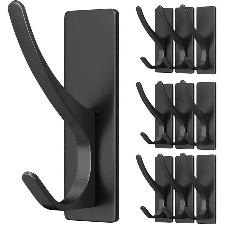 New Self Adhive Coat Hooks For Hanging, Heavy Duty Stainls Double Wall Hook For Towel, Backpack, Hat, Sturdy Metal Hanger For Bathroom, Bedroom, Door, Wall Mounted, 10 Pack, Matt Black, New - 黑色 10 件裝 - 查看 1