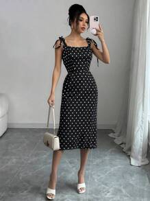 Abito midi da donna elegante e vintage, con scollo a pois e colletto, orlo arricciato, fiocco, in tessuto jacquard elegante e vintage, adatto per eventi all'aperto, uscite serali, giardino in estate