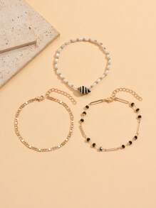 3pcs Set Summer Beach Style Beaded Gold Color Anklet, Fashion Natural Seashell Jewelry For Women, Suitable For Daily Outfit, Beach Holiday Travel