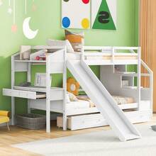 Twin Over Twin Bunk Bed With Storage Staircase, Slide And Drawers, Desk With Drawers And Shelves, White-1810 - Multicolor - View 1