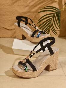 Giày sandal nữ phong cách Bohemian đính đá giả, đế dây giả, đế xuồng dày. Sandal nữ thời trang mùa xuân/hè một mảnh, đế dày, kiểu dáng nghỉ dưỡng. Thích hợp cho mặc hàng ngày, dự tiệc, du lịch, tham dự các buổi họp mặt, tiệc chiêu đãi, dạ hội, đám cưới, trình diễn thời trang. Có thể phối với áo hai dây, áo phông, áo sơ mi, bikini, chân váy, đầm, quần short. Món đồ cần thiết khi đi du lịch. - màu đen - Xem 7